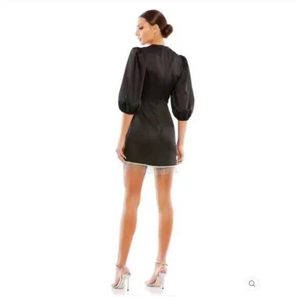 Mac Duggal‎ 26672 Cocktail Party Dress Black Satin Minidress Jewel Fringe Sz 4 - Picture 4 of 11